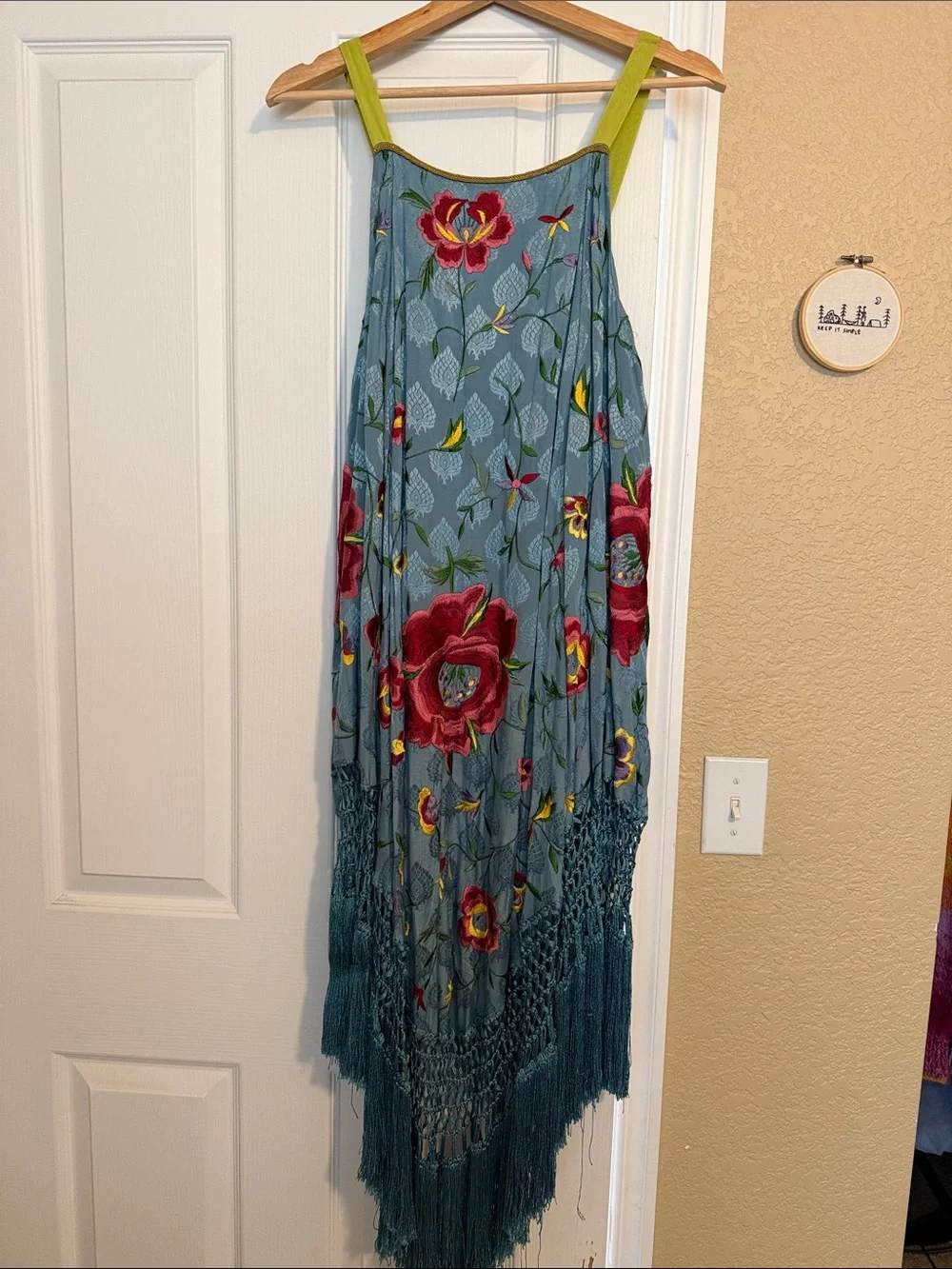 Free People Wonderer Trapeze Light Blue Embroidered Maxi Dress with Lime Straps - Picture 3 of 7